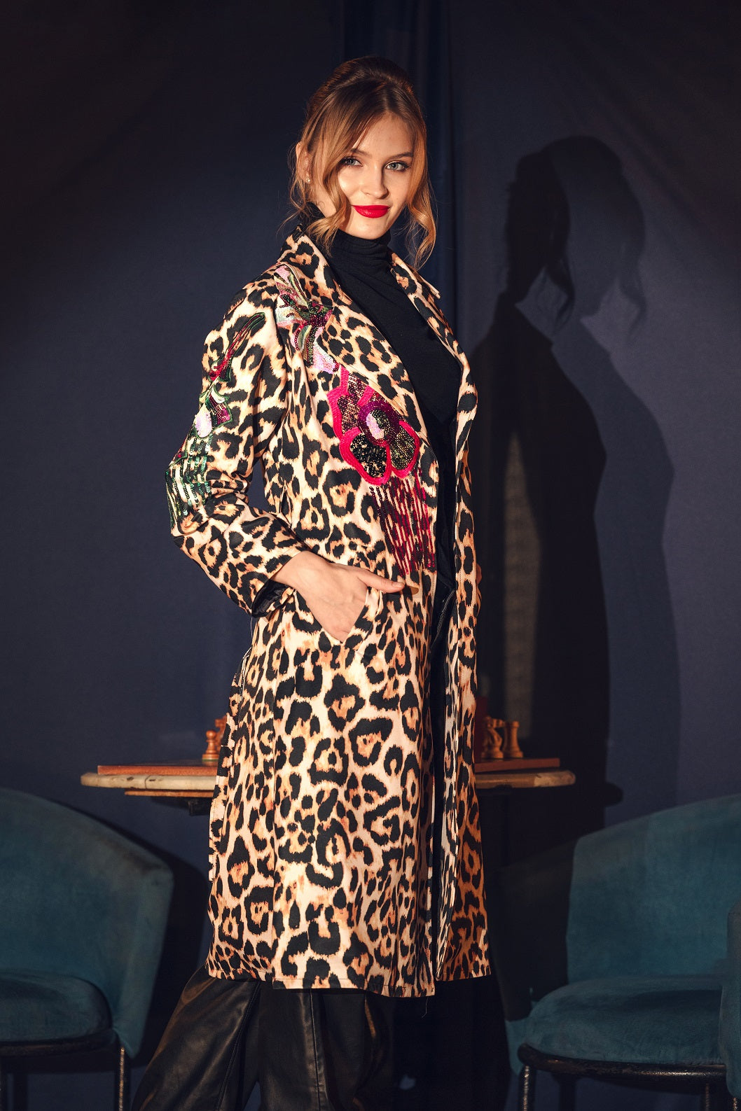 Leopard embroidered coat