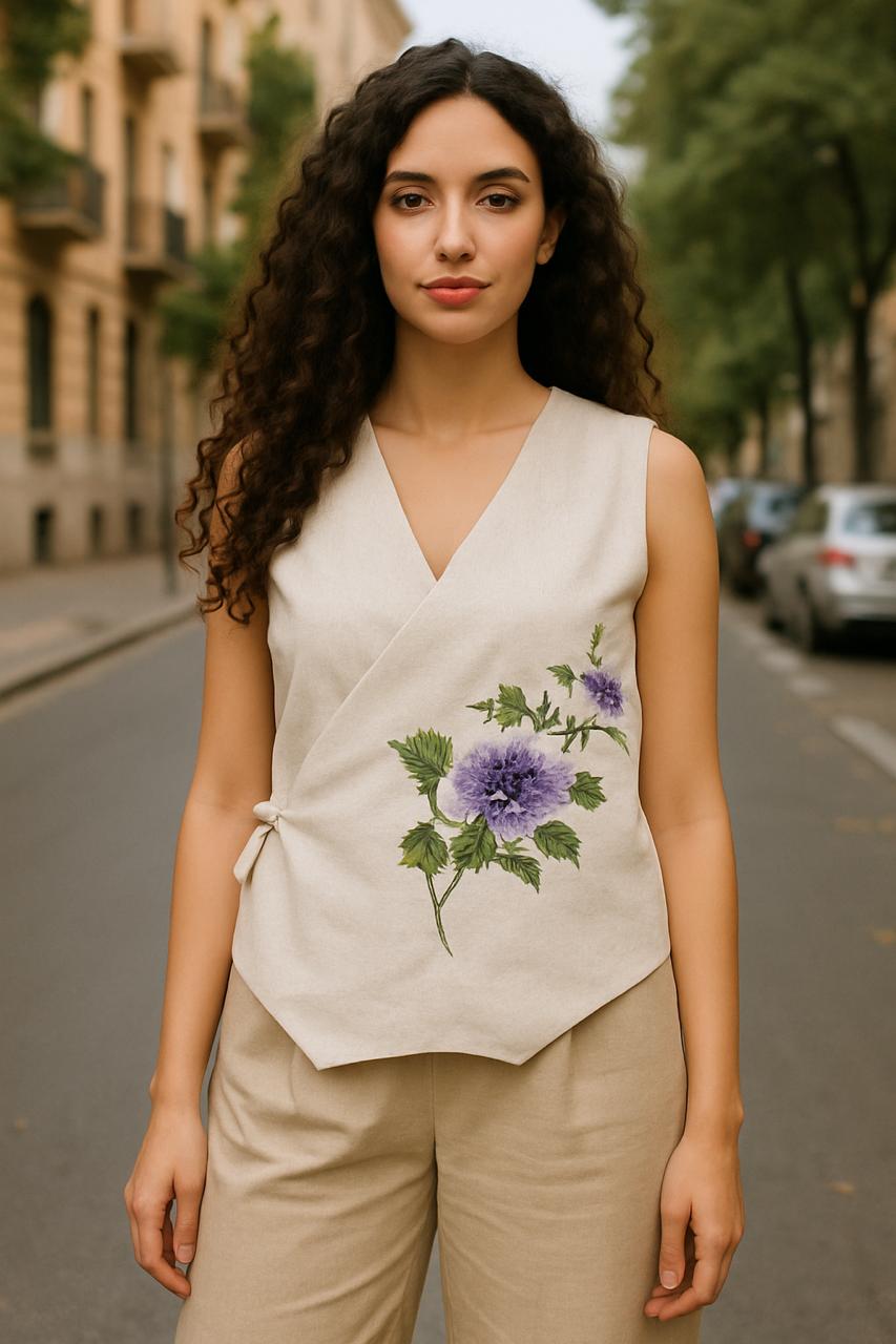 Woman wearing a sleeveless top with floral embroidery on a city street