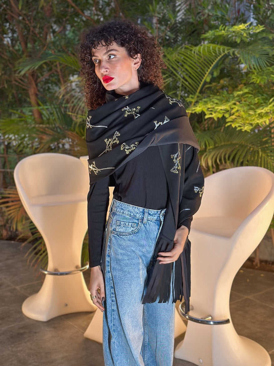 Florina Embroidery Scarf _ Black