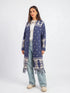 Woman wearing a blue patterned cardigan on a white background