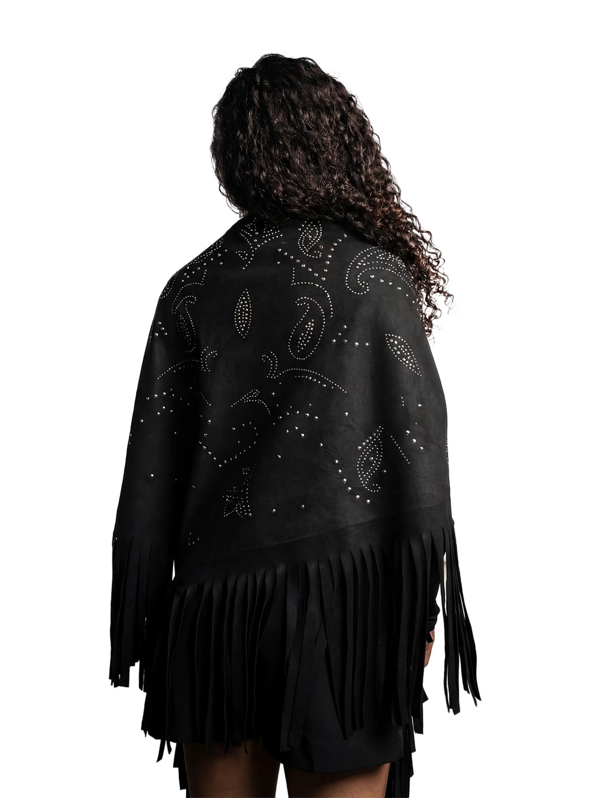 Black fringe jacket with paisley patterns on a white background