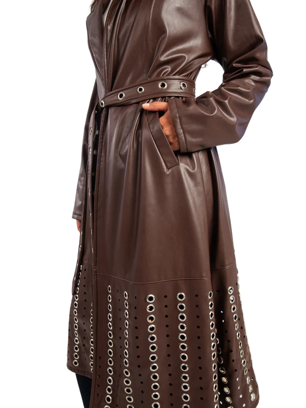 Brown leather trench coat with decorative elements on a white background