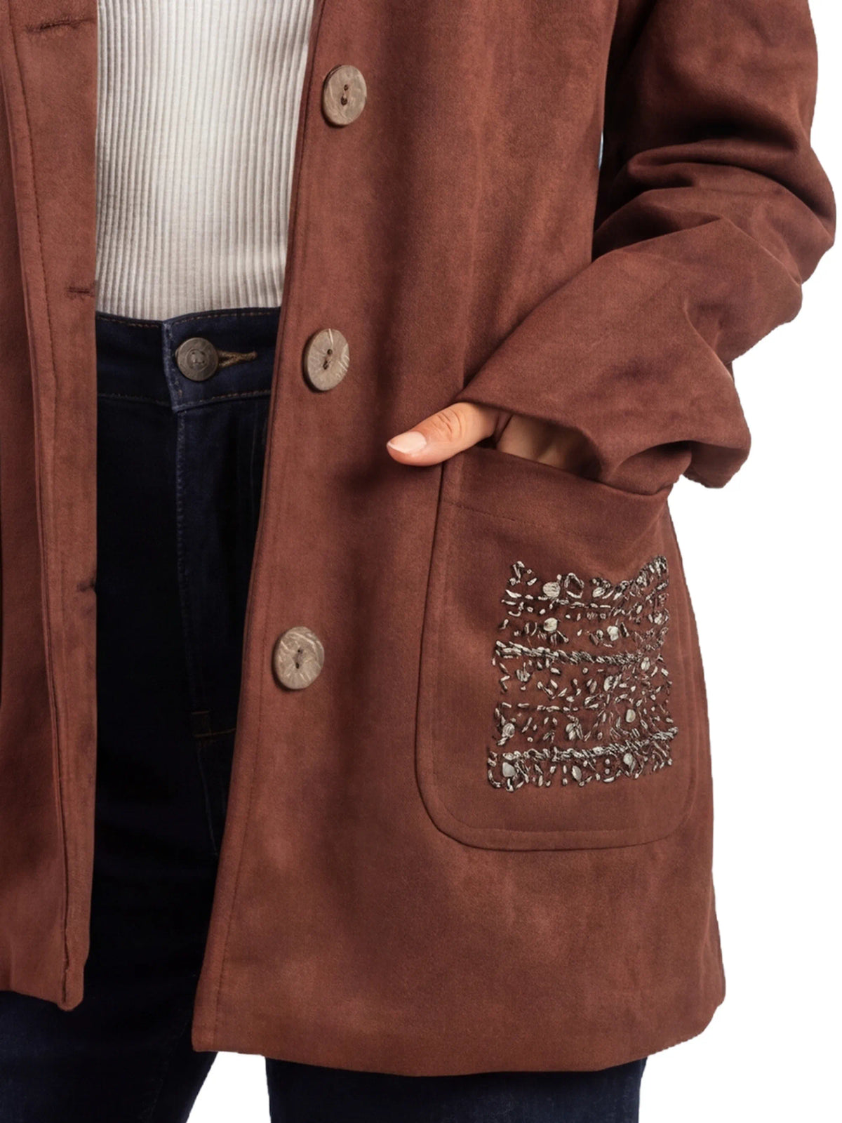Brown suede coat with decorative pocket on a white background
