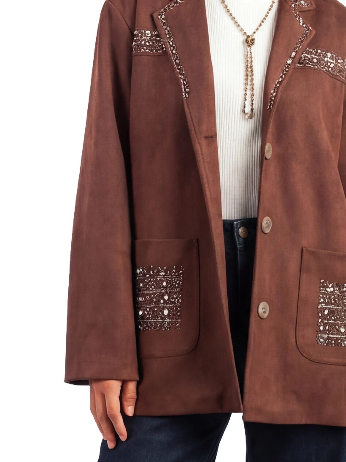 Brown suede jacket with decorative elements on a white background