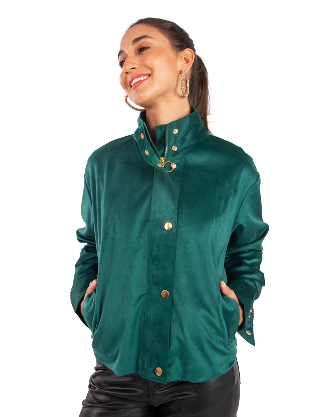 Woman wearing a green jacket with gold buttons on a white background