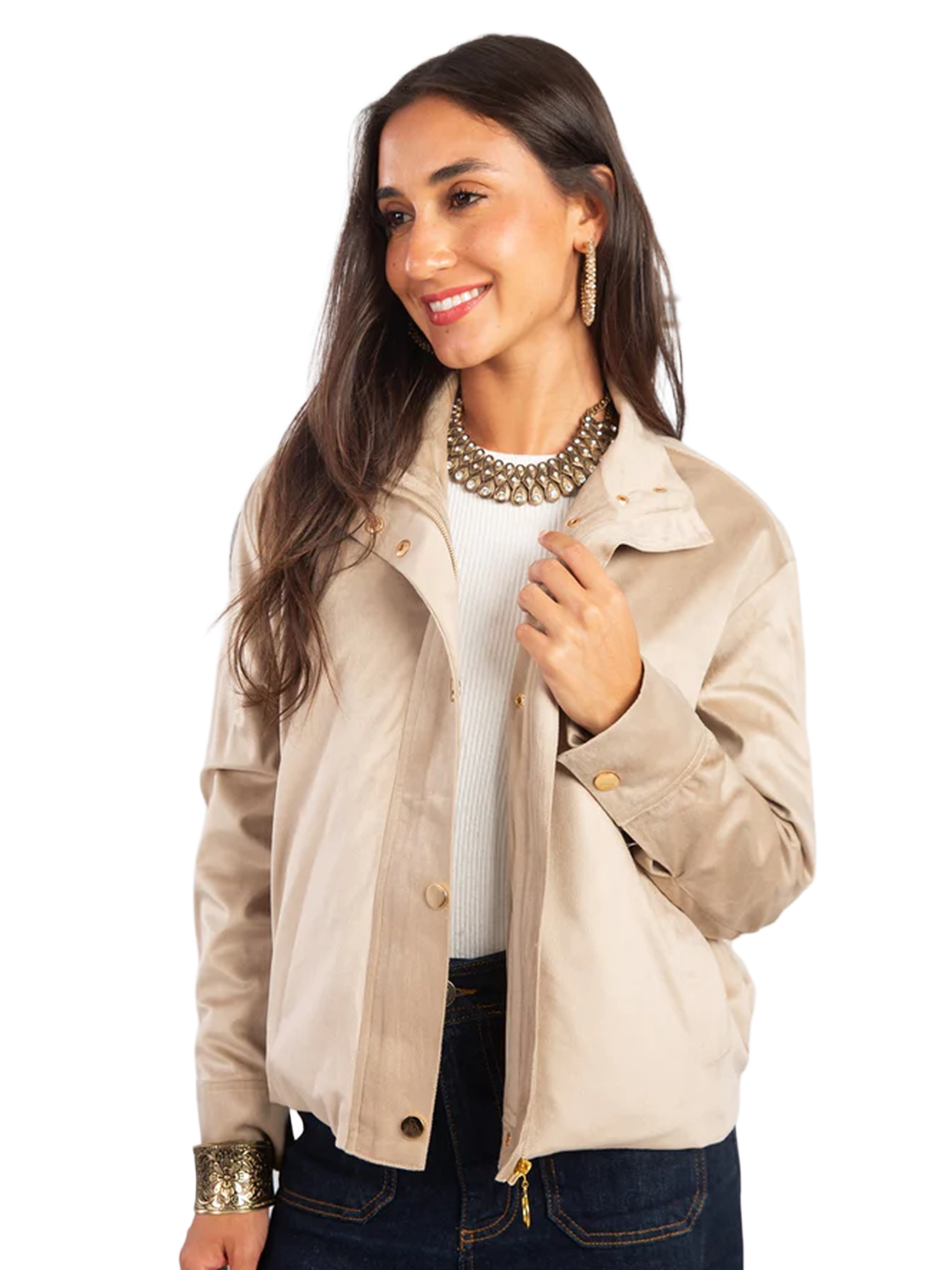 Woman wearing a beige jacket on a white background
