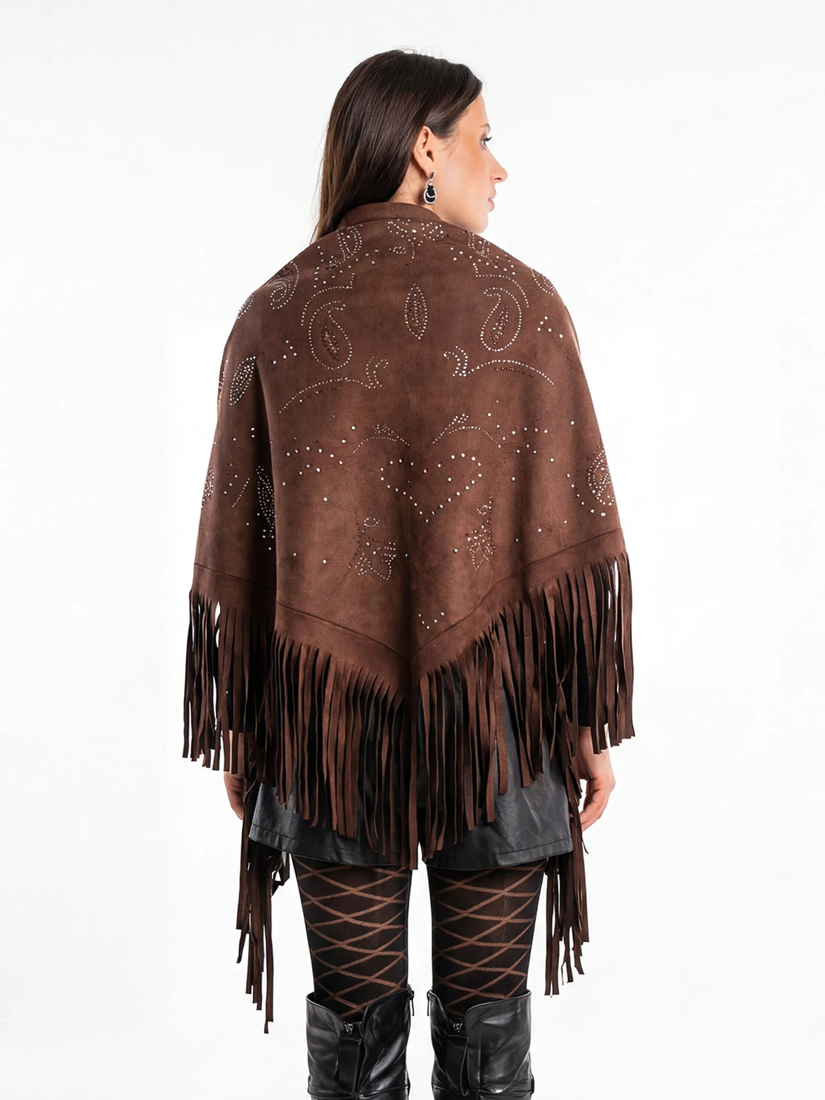 Brown fringed poncho worn by a person on a white background