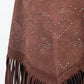 Brown suede fabric with decorative patterns and fringes on a white background